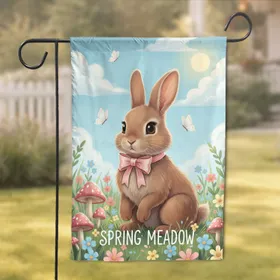Fluffy Brown Bunny Pink Bow Spring Meadow - Nature Lover Home Decor Gift Garden Flag