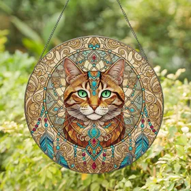 Bohemian Jeweled Tabby Cat Dreamcatcher - Boho Home Decor Gift for Cat Lover Stained Glass Suncatcher