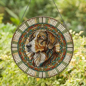 Majestic Dog Head Tiffany Stained Glass Foliate Border - Canine Lover Home Decor Gift Stained Glass Suncatcher