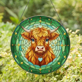 Baby Highland Cow Blue Eyes Heart Charm Luminous Stars - Farmhouse Decor Gift for Cow Lover Stained Glass Suncatcher