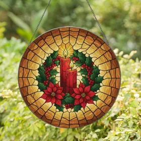 Glowing Red Candles Poinsettia Holly Wreath - Christmas Home Decor Gift for Family Stained Glass Suncatcher