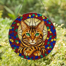 Emerald Eye Striped Bengal Cat Crossed Paws Mosaic - Home Decor Gift for Cat Lovers Stained Glass Suncatcher