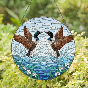 Two Loons Bursting Water Reeds Blooming Aquatic Flowers Clouds Bird Lover Home Decor Gift Stained Glass Suncatcher