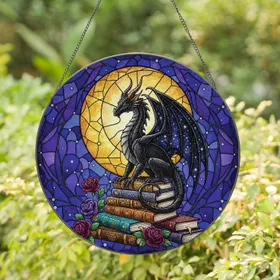 Black Dragon Moon Spell Books Celestial Night Sky - Fantasy Home Decor Gift Stained Glass Suncatcher
