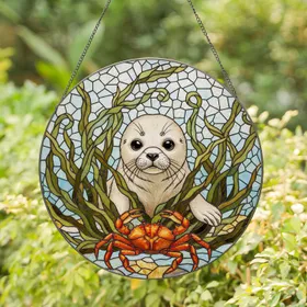 Baby Seal Pup Crab Kelp Seaweed Underwater Scene - Home Decor Gift for Ocean Wildlife Lovers Stained Glass Suncatcher