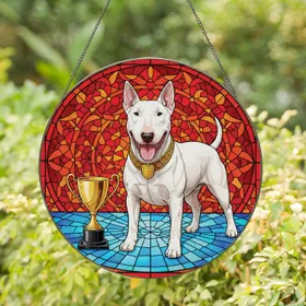 Bull Terrier Dog Gold Trophy - Dog Lover Gift for Bull Terrier Owners Stained Glass Suncatcher