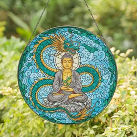 Eastern Dragon Buddha Lotus Meditation Scene - Meditation Space Decor Gift for Yoga Lover Stained Glass Suncatcher