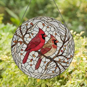 Red Cardinal Pair Winter Berries - Home Decor Gift for Bird and Nature Lovers Stained Glass Suncatcher