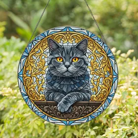 British Shorthair Cat Orange Eyes Stained Glass Floral Mosaic - Cat Lover Home Decor Gift Stained Glass Suncatcher