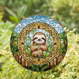 Baby Sloth Butterfly Heart Leaves Ornate Floral Cloud Sky - Wildlife Lover Gift Stained Glass Suncatcher
