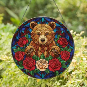 Forward Facing Brown Bear Cub Rose Blooms Lush Leaves - Nature Wildlife Home Decor Gift Stained Glass Suncatcher