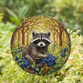 Baby Raccoon Blueberries Green Leaves Forest Tree Trunks - Wildlife Lover Home Decor Gift Stained Glass Suncatcher
