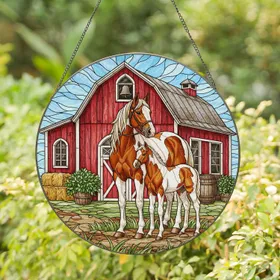 Pinto Horse Foal Red Barn Hay Bales Countryside Farm Home Decor Gift for Horse Lover Stained Glass Suncatcher