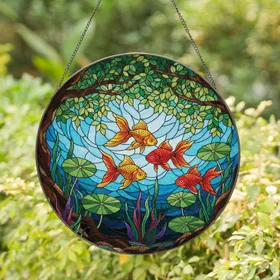 Goldfish Lush Aquatic Foliage Lily Pads Tree Roots - Home Decor Gift for Fish Lovers Stained Glass Suncatcher