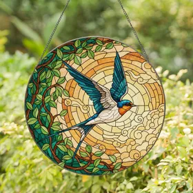 Barn Swallow Foliage Celestial Mosaic - Home Decor Gift for Wildlife Lover Stained Glass Suncatcher