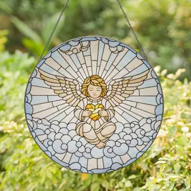 Cherubic Angel Holding Glowing Heart Clouds - Home Decor Gift Stained Glass Suncatcher