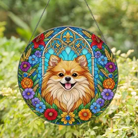 Pomeranian Dog Floral Arch Window - Home Decor Gift for Dog Lovers Stained Glass Suncatcher