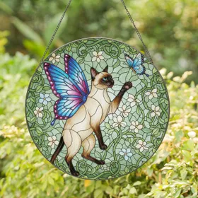 Siamese Cat Butterfly Wing Floral Vines Home Decor Gift for Cat Lover Stained Glass Suncatcher
