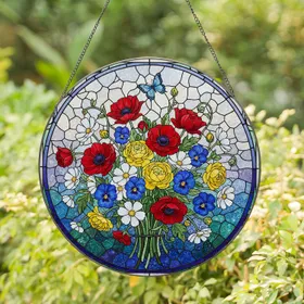 Blossom Bouquet Blue Butterfly Square Mosaic - Home Decor Gift for Flower Garden Lover Stained Glass Suncatcher