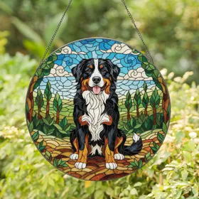 Happy Bernese Mountain Dog Full Body - Wildlife Lover Home Decor Gift for Dog Owners Stained Glass Suncatcher