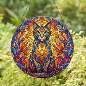 Square Sitting Floral Cat Green Eyes Irregular Mosaic - Home Decor Gift for Cat Enthusiasts Stained Glass Suncatcher