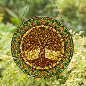 Autumnal Tree of Life Circular Border - Home & Garden Decor Gift for Nature Lover Stained Glass Suncatcher