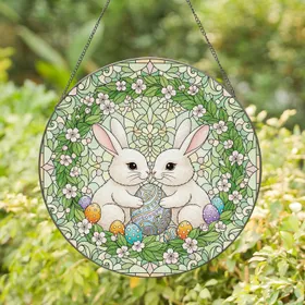 Two White Bunnies Easter Eggs Cherry Blossoms Wreath - Easter Holiday Home Decor Stained Glass Suncatcher