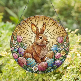 Easter Bunny Golden Light Rays Spring Flowers Easter Eggs - Easter Day Holiday Decor Stained Glass Suncatcher
