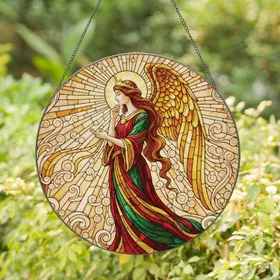 Contemplative Angel Golden Crown Auburn Hair Radiant Wings - Home Decor Gift for Angel Lover Stained Glass Suncatcher