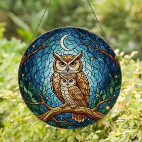 Protecting Owls Baby Owl Crescent Moon Stars Wildlife Lover Home Decor Accent Gift Stained Glass Suncatcher