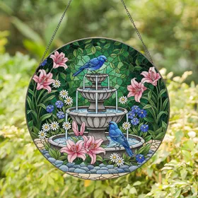 Bluebirds Stone Fountain Pink Lilies White Daisies - Home Decor Gift for Wildlife Lover Stained Glass Suncatcher
