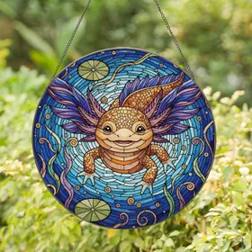 Vibrant Axolotl Lily Pad Aquatic Creature Window Decor Gift for Aquatic Animal Lover Stained Glass Suncatcher