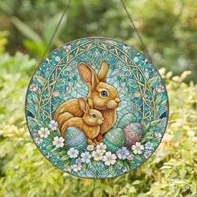 Fluffy Golden Bunny Easter Eggs Spring Flowers - Easter Holiday Gift Stained Glass Suncatcher