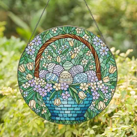 Stained Glass Easter Basket Mosaic Eggs Spring Blossoms - Easter Holiday Home Decor Gift Stained Glass Suncatcher