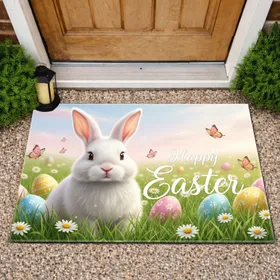 White Easter Bunny Happy Easter Eggs Spring Meadow - Easter Home Decor Gift Doormat