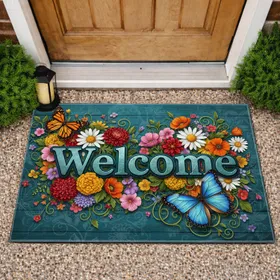 Welcome Butterflies Colorful Flowers Aged Wood - Home Decor Gift Doormat