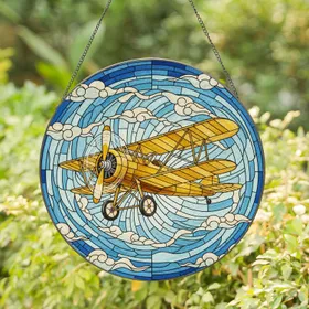 Soaring Vintage Biplane Propeller Landing Gear Clouds Air Currents - Aviation Lover Gift Stained Glass Suncatcher