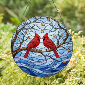 Vivid Red Cardinal Pair Branch Water Sky Mosaic - Wildlife Home Decor Gift for Bird Lovers Stained Glass Suncatcher