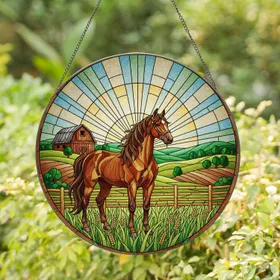 Majestic Brown Horse Rustic Barn Hills Fence Grass - Farmhouse Decor Gift for Horse Lover Stained Glass Suncatcher