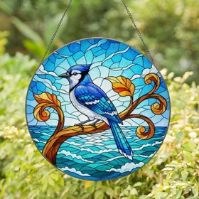 Luminous Refined Blue Jay Ocean Sky Branch Leaves - Bird Watcher Home Decor Gift Stained Glass Suncatcher