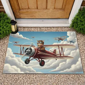 Tabby Cat Pilot Vintage Biplane Flight - Cat & Aviation Lover Home Decor Gift Doormat