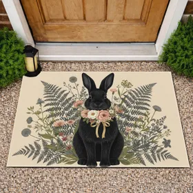 Regal Black Rabbit Wild Ferns Botanical - Home Decor Gift for Rabbit Lover Doormat