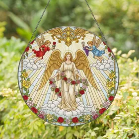 Winged Angel Rose Garland Angels Clouds - Home Decor Gift for Angel Lover Stained Glass Suncatcher