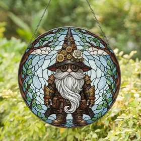 Steampunk Gnome Goggles Wizard Hat Brass Gears Rose - Home Decor Gift for Gnome Lover Stained Glass Suncatcher