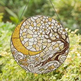 Golden Crescent Moon Blossoming Tree White Amber Golden Flowers Swirling Clouds - Home Decor Gift Stained Glass Suncatcher