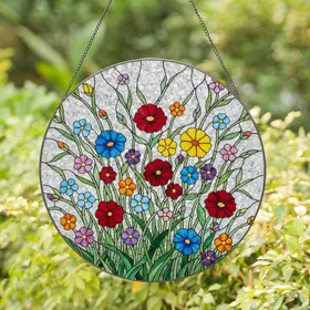 Luminous Vibrant Wildflower Garden Floral Arrangement Home Decor Gift for Plant Lovers Stained Glass Suncatcher