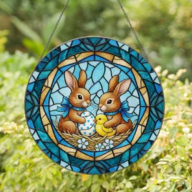 Fluffy Brown Bunnies Egg Chick Nest Flowers - Home Decor Gift for Animal Lovers Stained Glass Suncatcher