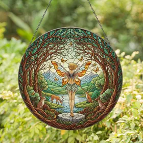 Blonde Fairy Woodland Deer Fox Butterfly Scene - Fantasy Home Decor Gift for Fairy Lover Stained Glass Suncatcher
