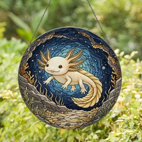 Floating Golden Axolotl Aquatic Plants Seascape - Home Decor Gift for Axolotl Lover Stained Glass Suncatcher