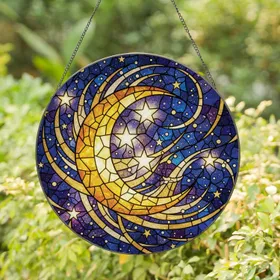 Crescent Moon Stars Celestial Night Sky - Home Decor Gift for Astronomy Lover Stained Glass Suncatcher